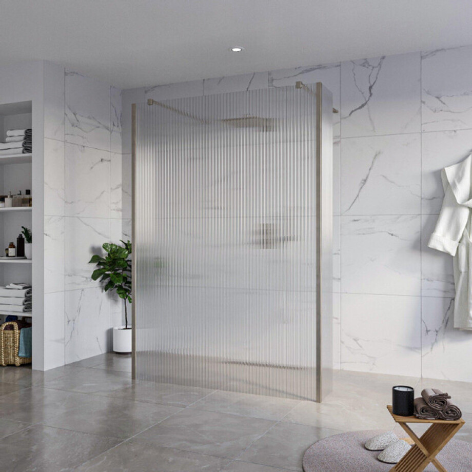 Fortifura Galeria Vrijstaande Inloopdouche - 140x200cm - Helder geribbeld - antikalk - 8mm veiligheidsglas - 2 zijwanden 30cm - wandsteunen en hoekprofielen - Geborsteld Gunmetal PVD SW927771 2x/SW797954/SW797945 2x/SW798732 2x afbeelding 1
