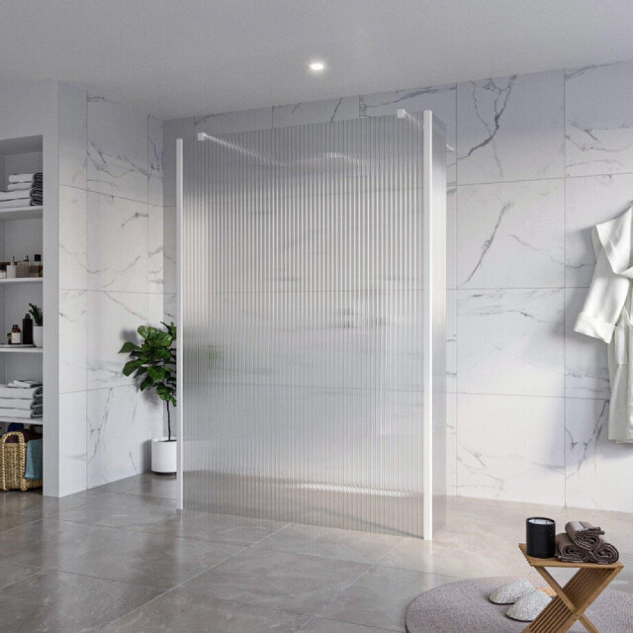 Fortifura Galeria Vrijstaande Inloopdouche - 140x200cm - Helder geribbeld - antikalk - 8mm veiligheidsglas - 2 zijwanden 30cm - wandsteunen en hoekprofielen - Wit mat SW927768 2x/SW797954/SW797945 2x/SW541264 2x afbeelding 1