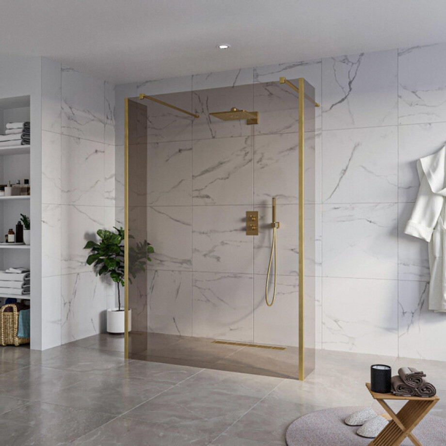 Fortifura Galeria Vrijstaande Inloopdouche - 140x200cm - Rookglas - antikalk - 8mm veiligheidsglas - 2 zijwanden 40cm - wandsteunen en hoekprofielen - Geborsteld Messing PVD (Goud) SW927770 2x/SW797946/SW797934 2x/SW798731 2x Fortifura Galeria Vrijstaande Inloopdouche - 140x200cm - Rookglas - antikalk - 8mm veiligheidsglas - 2 zijwanden 40cm - wandsteunen en hoekprofielen - Geborsteld Messing PVD (Goud) SW927770 2x/SW797946/SW797934 2x/SW798731 2x afbeelding 1