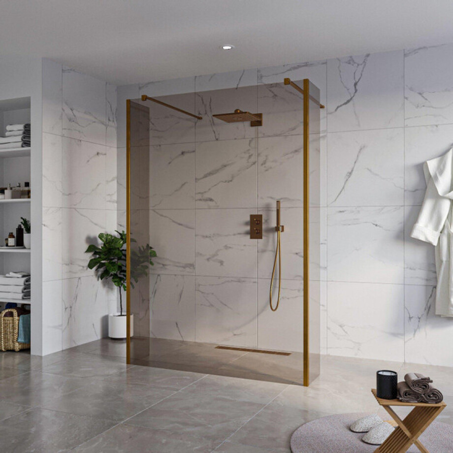 Fortifura Galeria Vrijstaande Inloopdouche - 140x200cm - Rookglas - antikalk - 8mm veiligheidsglas - 2 zijwanden 40cm - wandsteunen en hoekprofielen - Geborsteld koper PVD (Koper) SW927772 2x/SW797946/SW797934 2x/SW876703 2x afbeelding 1