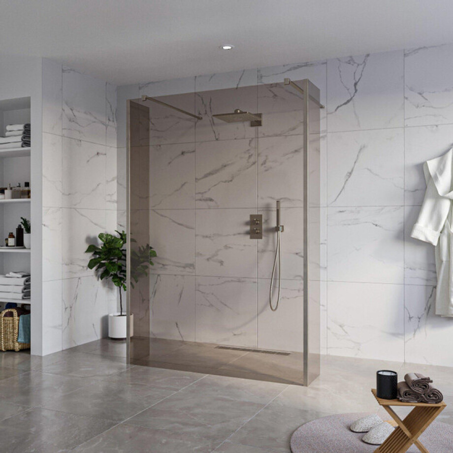 Fortifura Galeria Vrijstaande Inloopdouche - 140x200cm - Rookglas - antikalk - 8mm veiligheidsglas - 2 zijwanden 40cm - wandsteunen en hoekprofielen - Geborsteld Gunmetal PVD SW927771 2x/SW797946/SW797934 2x/SW798732 2x afbeelding 1