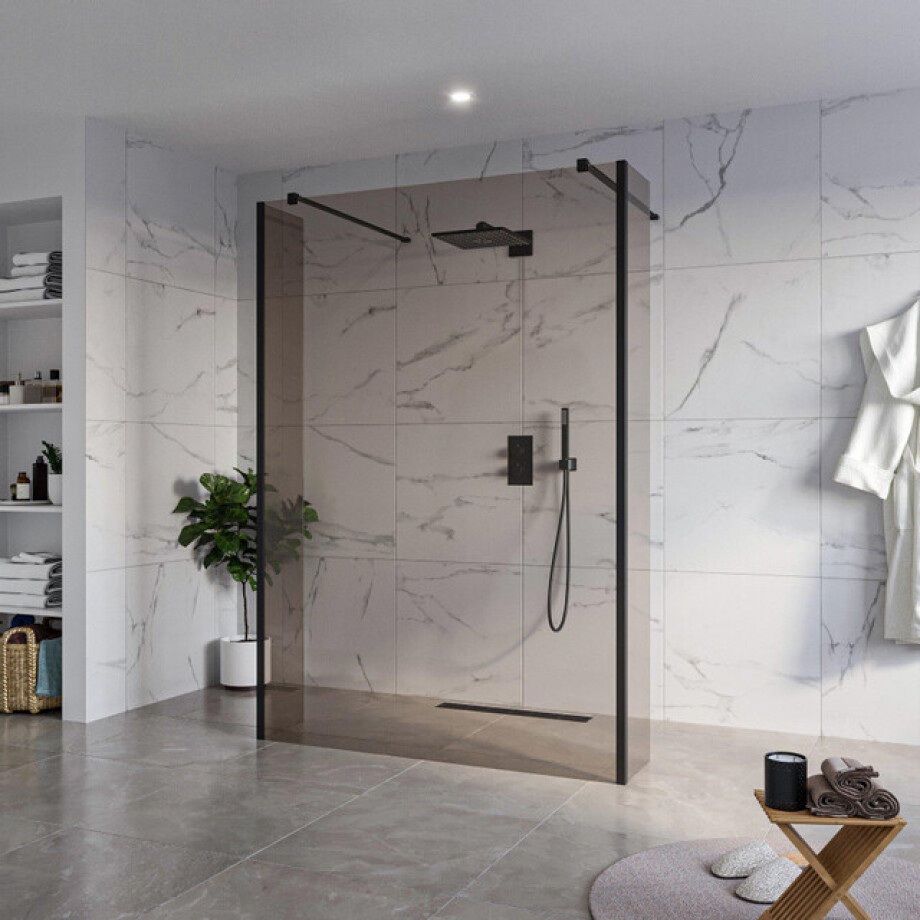 Fortifura Galeria Vrijstaande Inloopdouche - 140x200cm - Rookglas - antikalk - 8mm veiligheidsglas - 2 zijwanden 30cm - wandsteunen en hoekprofielen - Zwart mat SW927767 2x/SW797946/SW797930 2x/SW358025 2x afbeelding 1