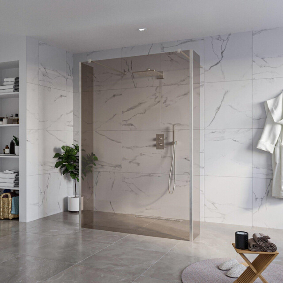 Fortifura Galeria Vrijstaande Inloopdouche - 140x200cm - Rookglas - antikalk - 8mm veiligheidsglas - 2 zijwanden 30cm - wandsteunen en hoekprofielen - Geborsteld RVS PVD (RVS) SW927769 2x/SW797946/SW797930 2x/SW798730 2x afbeelding 1