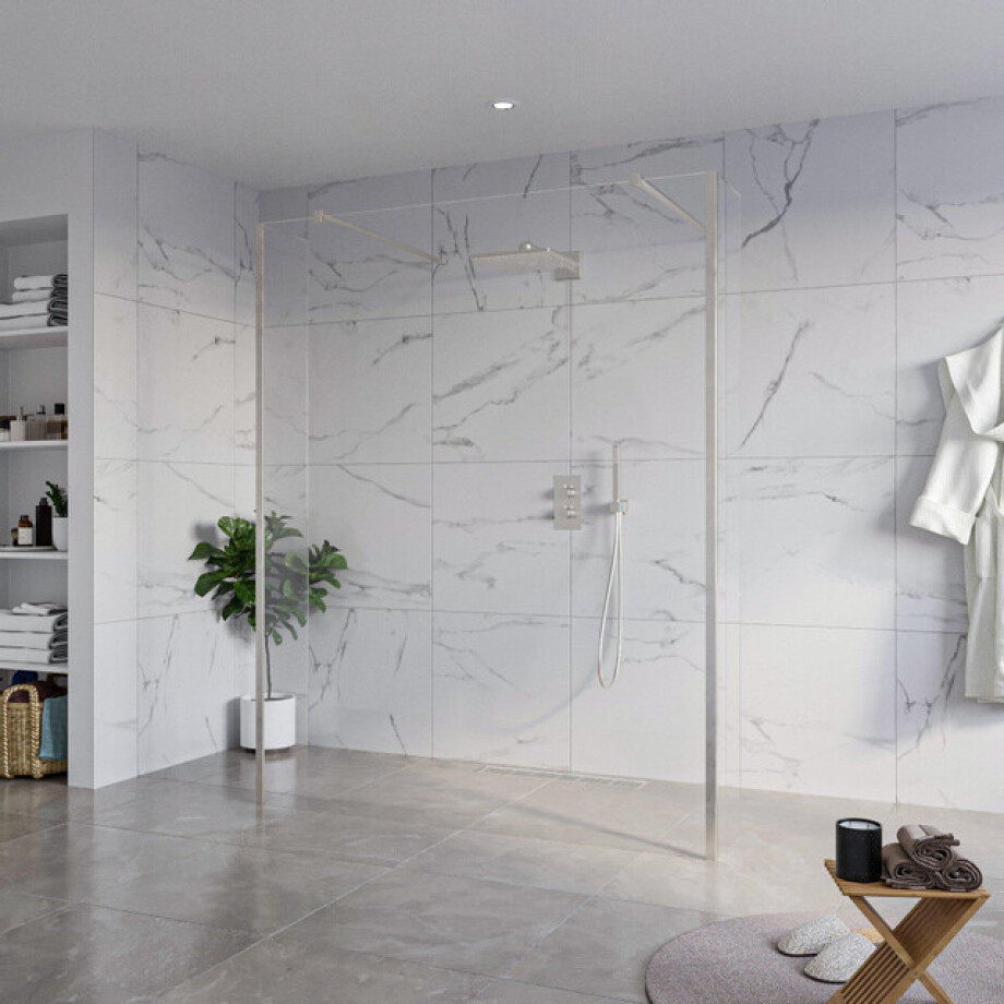 Fortifura Galeria Vrijstaande Inloopdouche - 160x200cm - Helder - antikalk - 8mm veiligheidsglas - 2 zijwanden 40cm - wandsteunen en hoekprofielen - Geborsteld RVS PVD (RVS) SW927769 2x/SW797918/SW797911 2x/SW798730 2x afbeelding 1