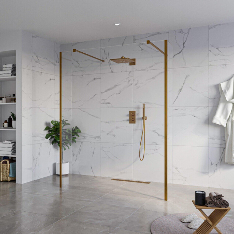 Fortifura Galeria Vrijstaande Inloopdouche - 160x200cm - Helder - antikalk - 8mm veiligheidsglas - 2 zijwanden 30cm - wandsteunen en hoekprofielen - Geborsteld koper PVD (Koper) SW927772 2x/SW797918/SW797909 2x/SW876703 2x Fortifura Galeria Vrijstaande Inloopdouche - 160x200cm - Helder - antikalk - 8mm veiligheidsglas - 2 zijwanden 30cm - wandsteunen en hoekprofielen - Geborsteld koper PVD (Koper) SW927772 2x/SW797918/SW797909 2x/SW876703 2x afbeelding 1