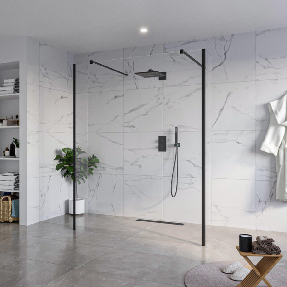 Fortifura Galeria Vrijstaande Inloopdouche - 160x200cm - Helder - antikalk - 8mm veiligheidsglas - 2 zijwanden 30cm - wandsteunen en hoekprofielen - Zwart mat SW927767 2x/SW797918/SW797909 2x/SW358025 2x Fortifura Galeria Vrijstaande Inloopdouche - 160x200cm - Helder - antikalk - 8mm veiligheidsglas - 2 zijwanden 30cm - wandsteunen en hoekprofielen - Zwart mat SW927767 2x/SW797918/SW797909 2x/SW358025 2x afbeelding 1