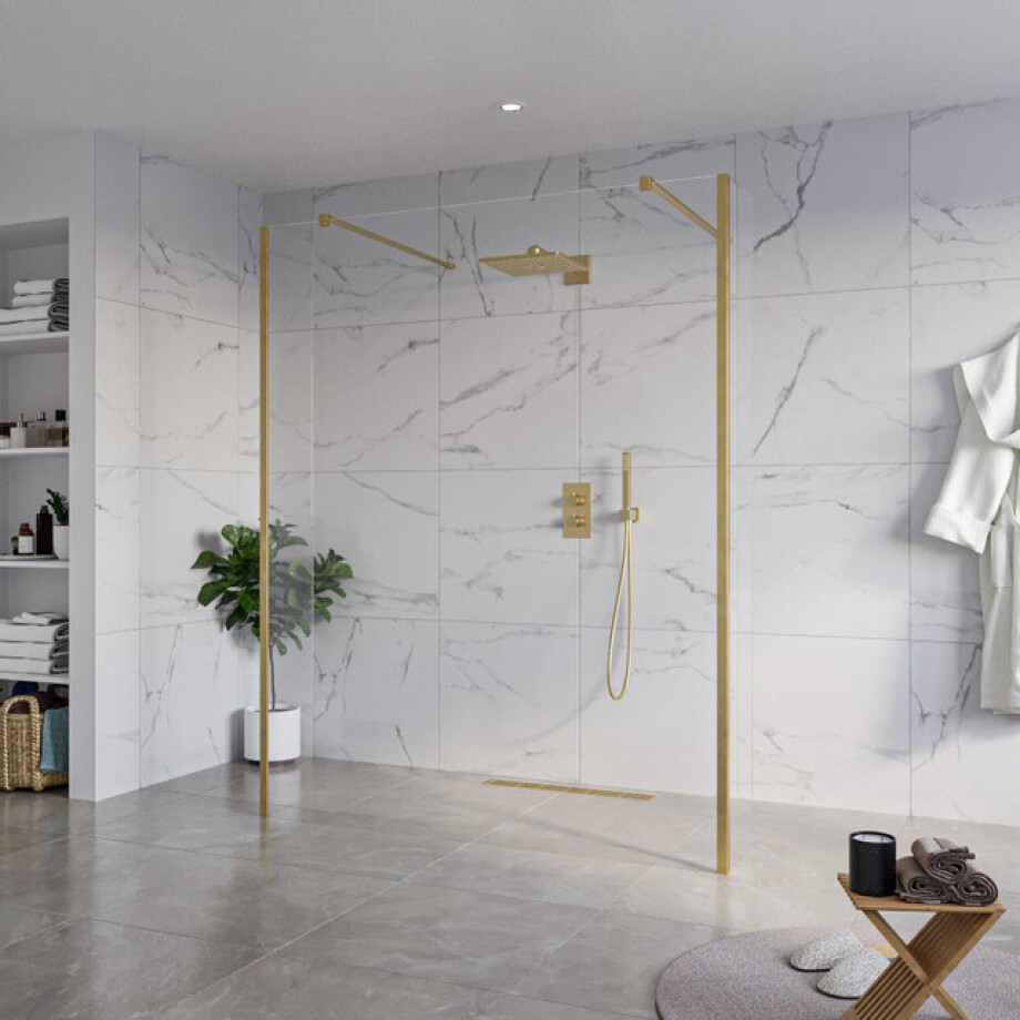 Fortifura Galeria Vrijstaande Inloopdouche - 160x200cm - Helder - antikalk - 8mm veiligheidsglas - 2 zijwanden 30cm - wandsteunen en hoekprofielen - Geborsteld Messing PVD (Goud) SW927770 2x/SW797918/SW797909 2x/SW798731 2x afbeelding 1