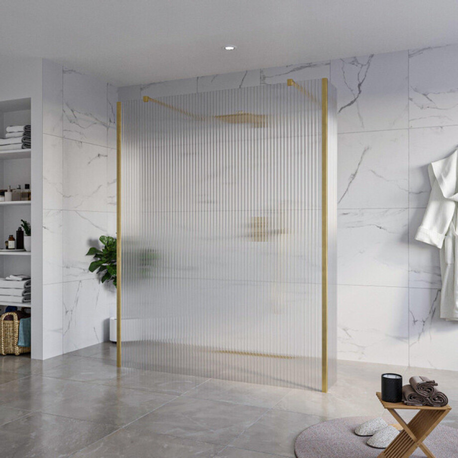 Fortifura Galeria Vrijstaande Inloopdouche - 160x200cm - Helder geribbeld - antikalk - 8mm veiligheidsglas - 2 zijwanden 30cm - wandsteunen en hoekprofielen - Geborsteld Messing PVD (Goud) SW927770 2x/SW797956/SW797945 2x/SW798731 2x afbeelding 1