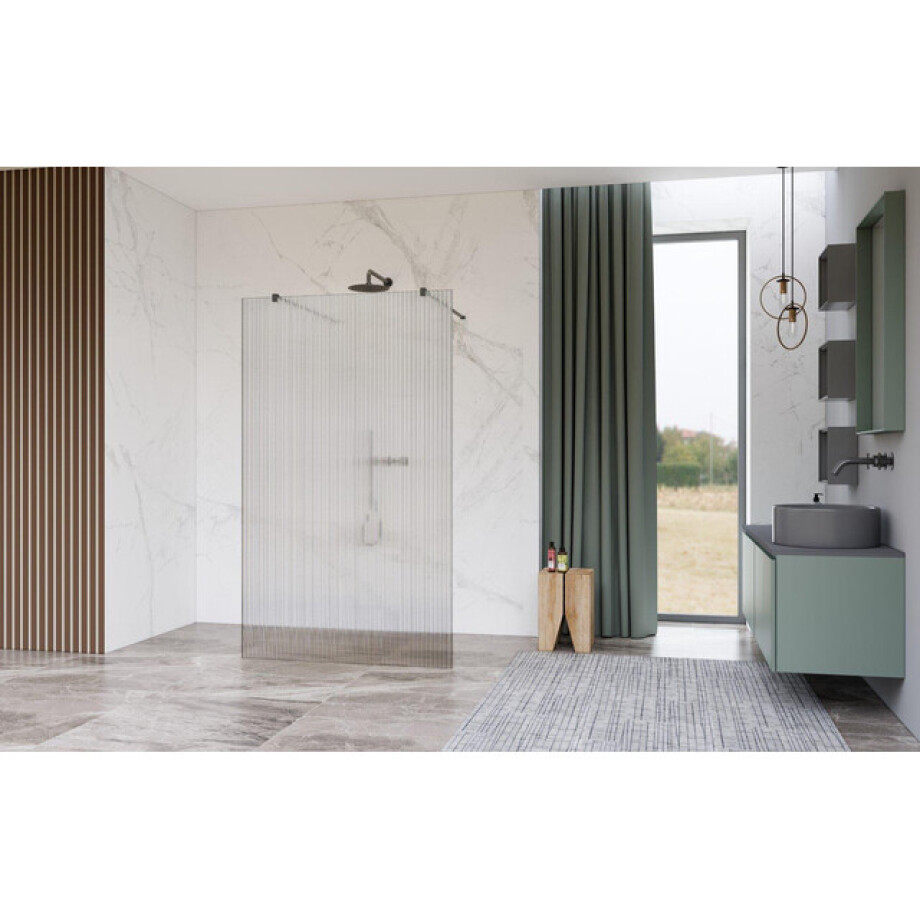 Fortifura Galeria Vrijstaande Inloopdouche - 160x200cm - Helder geribbeld - antikalk - 8mm veiligheidsglas - wandsteunen - Geborsteld Gunmetal PVD SW927771 2x/SW797956 afbeelding 1