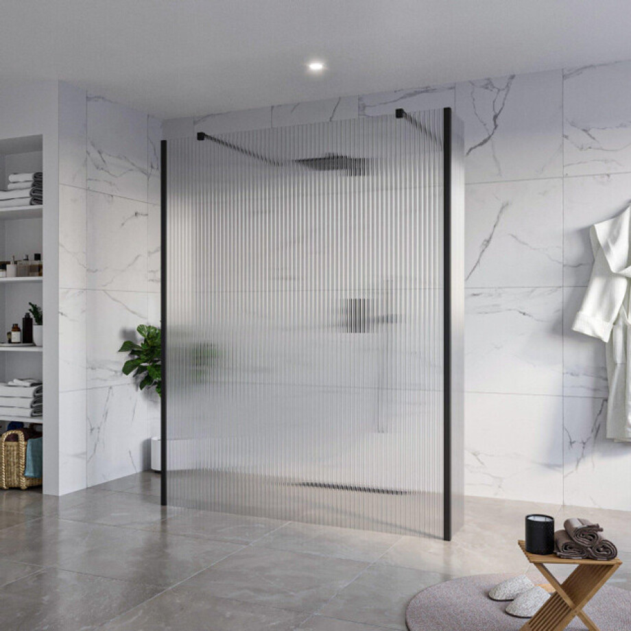 Fortifura Galeria Vrijstaande Inloopdouche - 160x200cm - Helder geribbeld - antikalk - 8mm veiligheidsglas - 2 zijwanden 30cm - wandsteunen en hoekprofielen - Zwart mat SW927767 2x/SW797956/SW797945 2x/SW358025 2x afbeelding 1