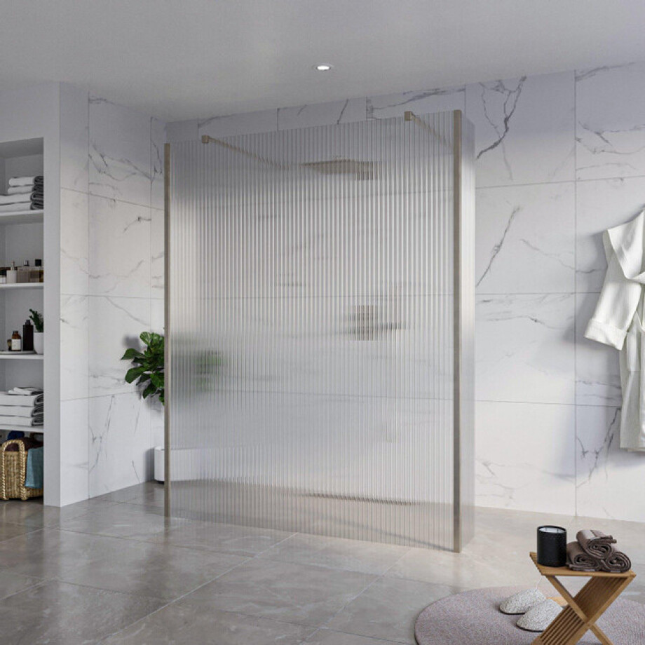 Fortifura Galeria Vrijstaande Inloopdouche - 160x200cm - Helder geribbeld - antikalk - 8mm veiligheidsglas - 2 zijwanden 40cm - wandsteunen en hoekprofielen - Geborsteld Gunmetal PVD SW927771 2x/SW797956/SW797948 2x/SW798732 2x afbeelding 1