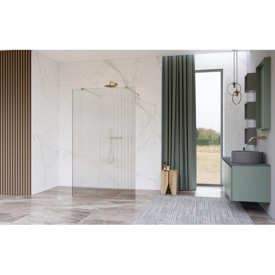 Fortifura Galeria Vrijstaande Inloopdouche - 160x200cm - Helder geribbeld - antikalk - 8mm veiligheidsglas - wandsteunen - Geborsteld Messing PVD (Goud) SW927770 2x/SW797956 afbeelding 1