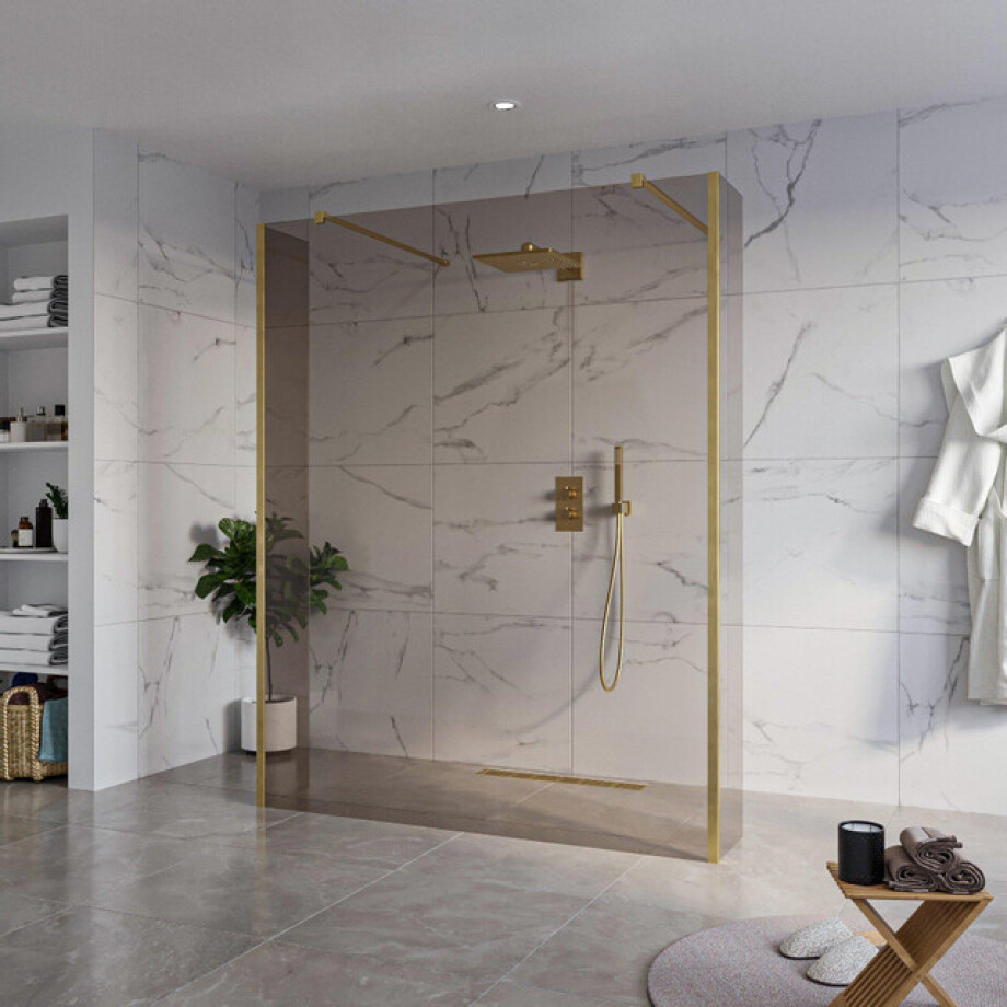 Fortifura Galeria Vrijstaande Inloopdouche - 160x200cm - Rookglas - antikalk - 8mm veiligheidsglas - 2 zijwanden 30cm - wandsteunen en hoekprofielen - Geborsteld Messing PVD (Goud) SW927770 2x/SW797942/SW797930 2x/SW798731 2x Fortifura Galeria Vrijstaande Inloopdouche - 160x200cm - Rookglas - antikalk - 8mm veiligheidsglas - 2 zijwanden 30cm - wandsteunen en hoekprofielen - Geborsteld Messing PVD (Goud) SW927770 2x/SW797942/SW797930 2x/SW798731 2x afbeelding 1