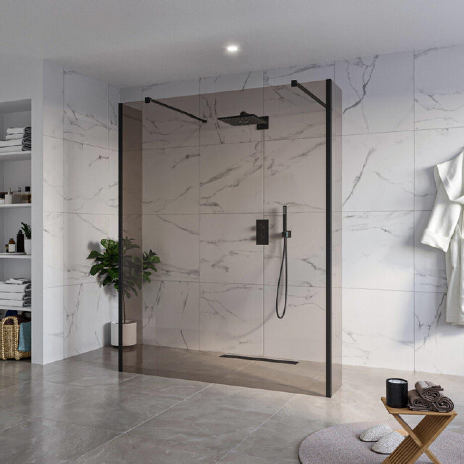 Fortifura Galeria Vrijstaande Inloopdouche - 160x200cm - Rookglas - antikalk - 8mm veiligheidsglas - 2 zijwanden 40cm - wandsteunen en hoekprofielen - Zwart mat SW927767 2x/SW797942/SW797934 2x/SW358025 2x afbeelding 1