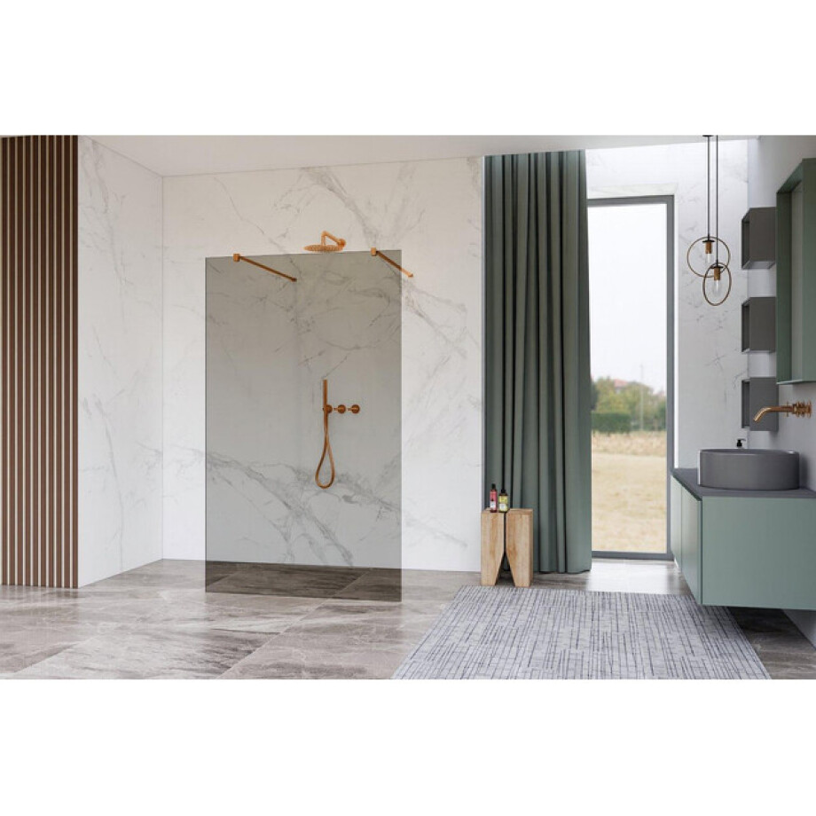 Fortifura Galeria Vrijstaande Inloopdouche - 160x200cm - Rookglas - antikalk - 8mm veiligheidsglas - wandsteunen - Geborsteld koper PVD (Koper) SW927772 2x/SW797942 Fortifura Galeria Vrijstaande Inloopdouche - 160x200cm - Rookglas - antikalk - 8mm veiligheidsglas - wandsteunen - Geborsteld koper PVD (Koper) SW927772 2x/SW797942 afbeelding 1