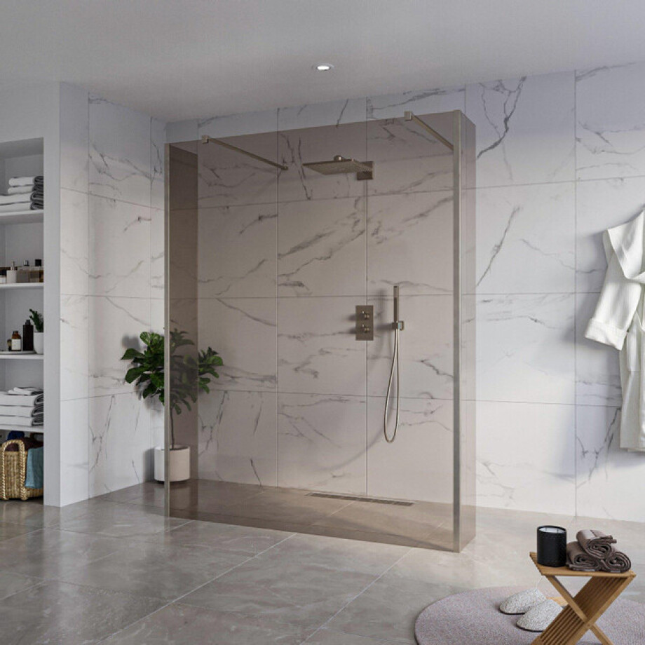 Fortifura Galeria Vrijstaande Inloopdouche - 160x200cm - Rookglas - antikalk - 8mm veiligheidsglas - 2 zijwanden 40cm - wandsteunen en hoekprofielen - Geborsteld Gunmetal PVD SW927771 2x/SW797942/SW797934 2x/SW798732 2x afbeelding 1