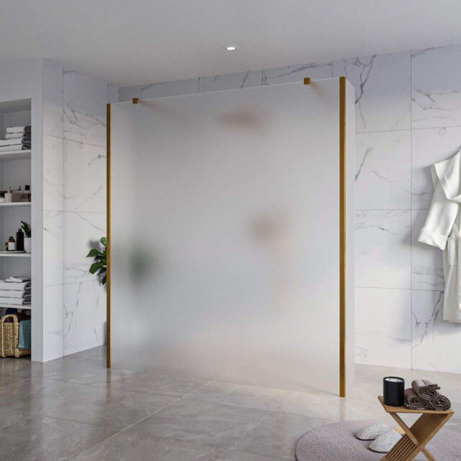 Fortifura Galeria Vrijstaande Inloopdouche - 180x200cm - Glas mat - antikalk - 8mm veiligheidsglas - 2 zijwanden 40cm - wandsteunen en hoekprofielen - Geborsteld koper PVD (Koper) SW927772 2x/SW797933/SW797921 2x/SW876703 2x afbeelding 1