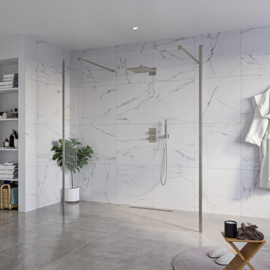 Fortifura Galeria Vrijstaande Inloopdouche - 180x200cm - Helder - antikalk - 8mm veiligheidsglas - 2 zijwanden 40cm - wandsteunen en hoekprofielen - Geborsteld Gunmetal PVD SW927771 2x/SW797920/SW797911 2x/SW798732 2x afbeelding 1