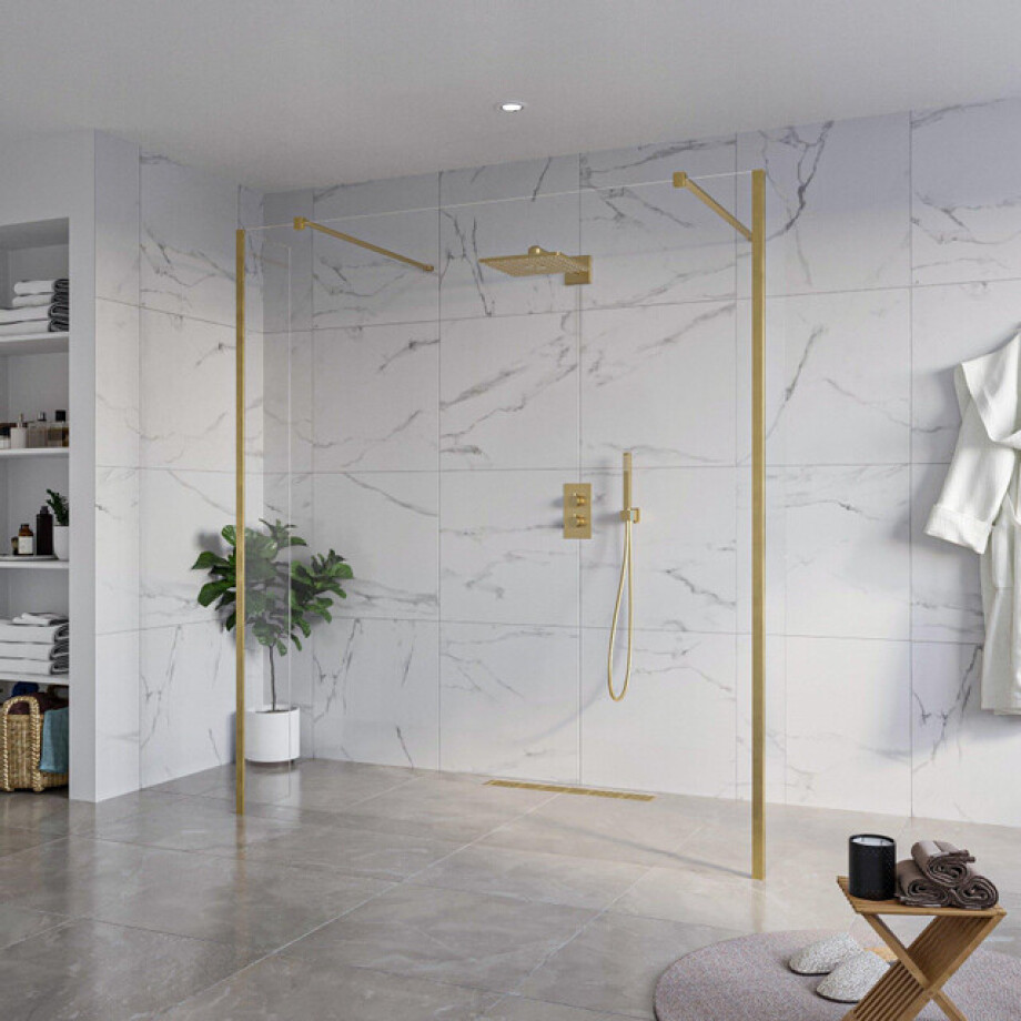 Fortifura Galeria Vrijstaande Inloopdouche - 180x200cm - Helder - antikalk - 8mm veiligheidsglas - 2 zijwanden 40cm - wandsteunen en hoekprofielen - Geborsteld Messing PVD (Goud) SW927770 2x/SW797920/SW797911 2x/SW798731 2x Fortifura Galeria Vrijstaande Inloopdouche - 180x200cm - Helder - antikalk - 8mm veiligheidsglas - 2 zijwanden 40cm - wandsteunen en hoekprofielen - Geborsteld Messing PVD (Goud) SW927770 2x/SW797920/SW797911 2x/SW798731 2x afbeelding 1