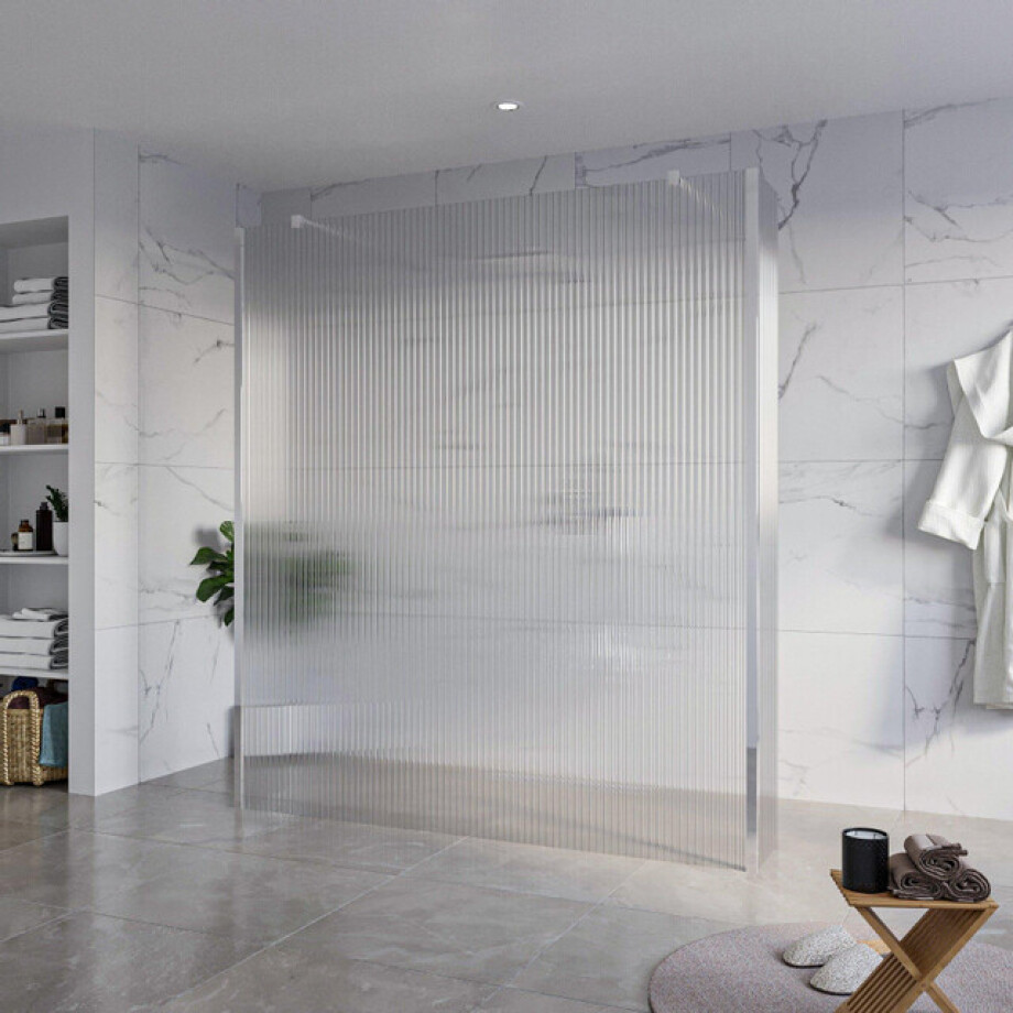 Fortifura Galeria Vrijstaande Inloopdouche - 180x200cm - Helder geribbeld - antikalk - 8mm veiligheidsglas - 2 zijwanden 30cm - wandsteunen en hoekprofielen - Chroom SW927766 2x/SW797957/SW797945 2x/SW358024 2x afbeelding 1