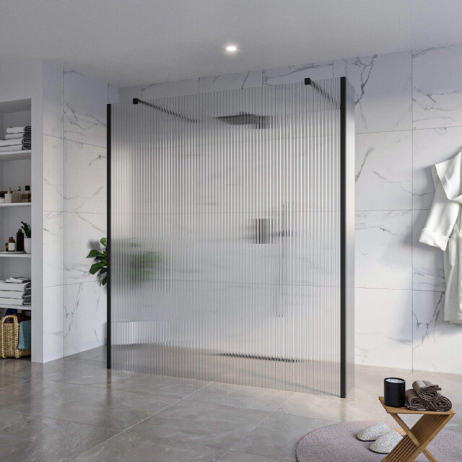 Fortifura Galeria Vrijstaande Inloopdouche - 180x200cm - Helder geribbeld - antikalk - 8mm veiligheidsglas - 2 zijwanden 40cm - wandsteunen en hoekprofielen - Zwart mat SW927767 2x/SW797957/SW797948 2x/SW358025 2x afbeelding 1