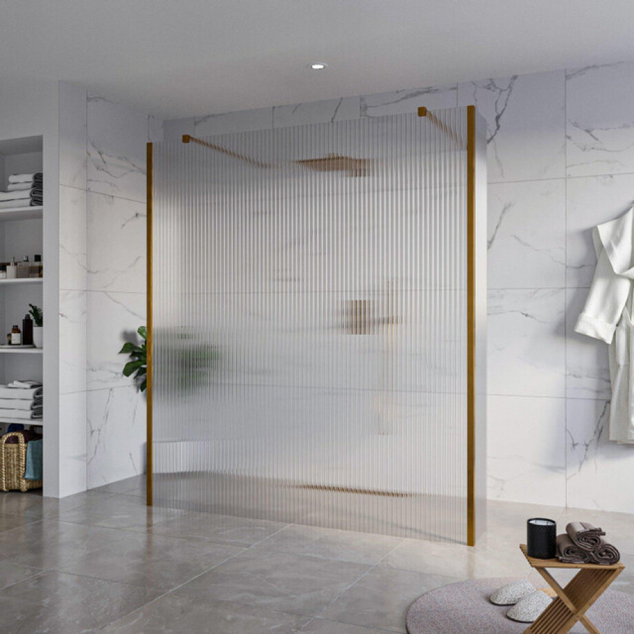 Fortifura Galeria Vrijstaande Inloopdouche - 180x200cm - Helder geribbeld - antikalk - 8mm veiligheidsglas - 2 zijwanden 30cm - wandsteunen en hoekprofielen - Geborsteld koper PVD (Koper) SW927772 2x/SW797957/SW797945 2x/SW876703 2x afbeelding 1