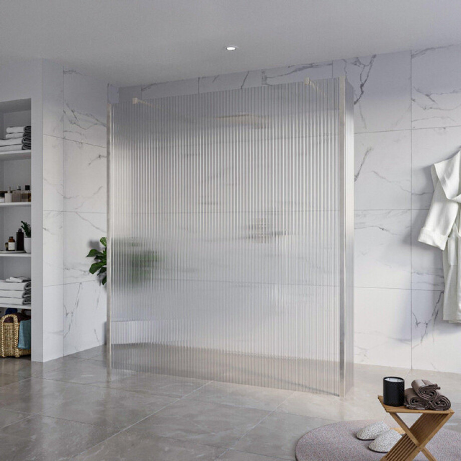 Fortifura Galeria Vrijstaande Inloopdouche - 180x200cm - Helder geribbeld - antikalk - 8mm veiligheidsglas - 2 zijwanden 40cm - wandsteunen en hoekprofielen - Geborsteld RVS PVD (RVS) SW927769 2x/SW797957/SW797948 2x/SW798730 2x afbeelding 1