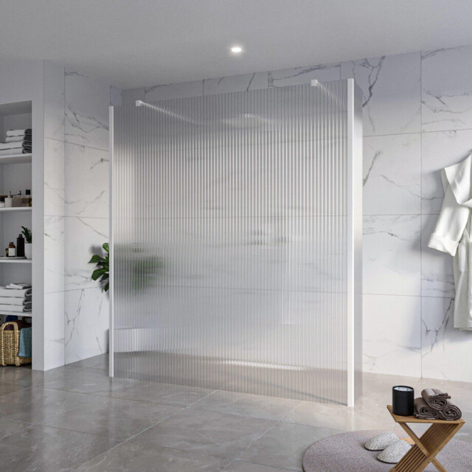 Fortifura Galeria Vrijstaande Inloopdouche - 180x200cm - Helder geribbeld - antikalk - 8mm veiligheidsglas - 2 zijwanden 40cm - wandsteunen en hoekprofielen - Wit mat SW927768 2x/SW797957/SW797948 2x/SW541264 2x afbeelding 1