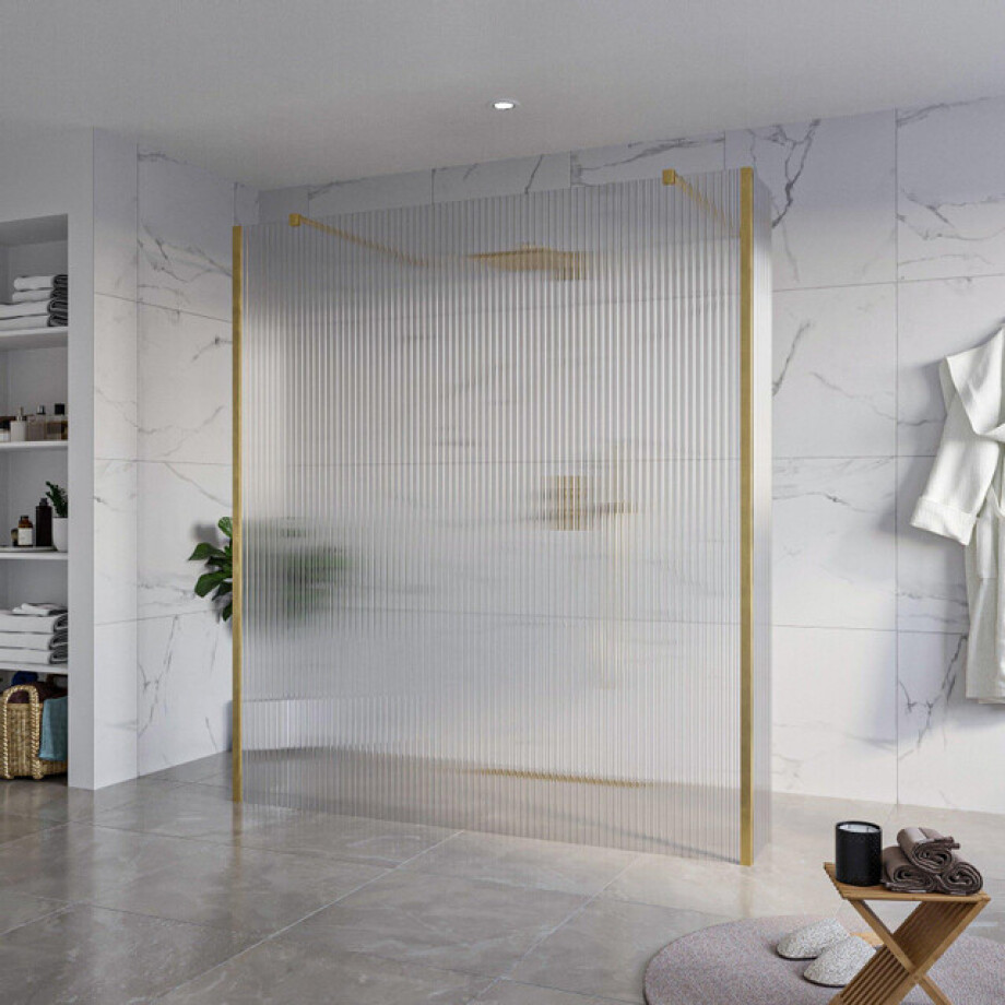 Fortifura Galeria Vrijstaande Inloopdouche - 180x200cm - Helder geribbeld - antikalk - 8mm veiligheidsglas - 2 zijwanden 30cm - wandsteunen en hoekprofielen - Geborsteld Messing PVD (Goud) SW927770 2x/SW797957/SW797945 2x/SW798731 2x afbeelding 1