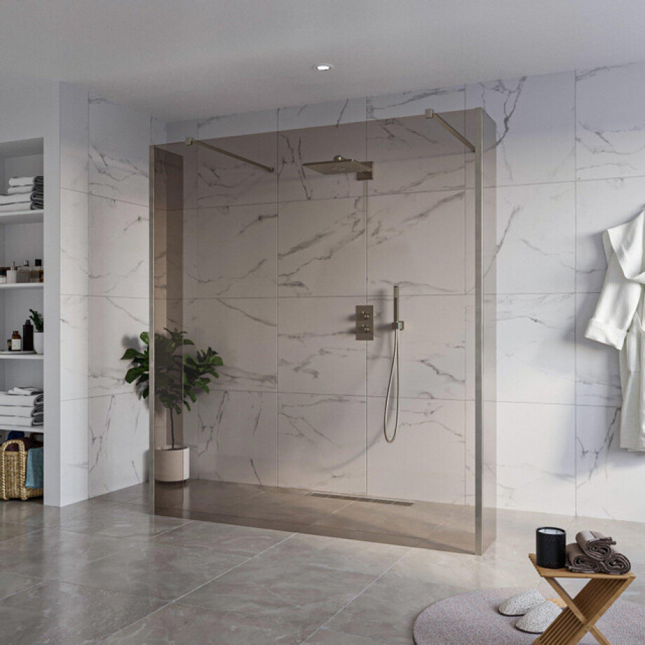 Fortifura Galeria Vrijstaande Inloopdouche - 180x200cm - Rookglas - antikalk - 8mm veiligheidsglas - 2 zijwanden 40cm - wandsteunen en hoekprofielen - Geborsteld Gunmetal PVD SW927771 2x/SW797943/SW797934 2x/SW798732 2x afbeelding 1