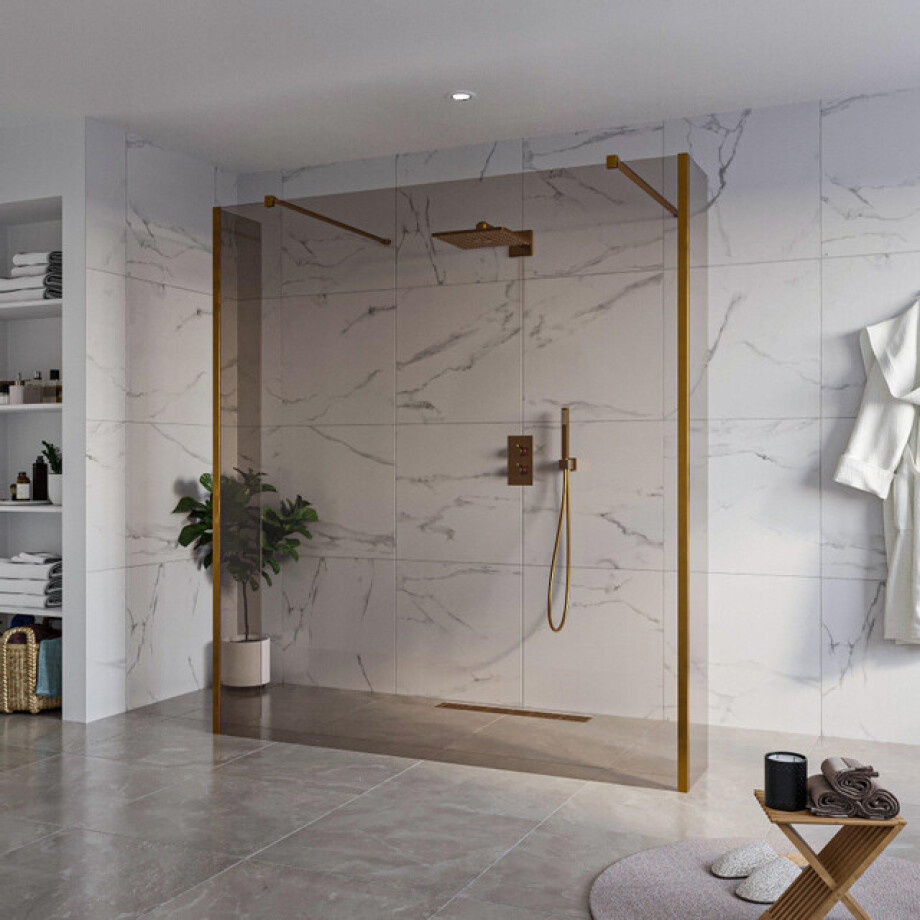 Fortifura Galeria Vrijstaande Inloopdouche - 180x200cm - Rookglas - antikalk - 8mm veiligheidsglas - 2 zijwanden 40cm - wandsteunen en hoekprofielen - Geborsteld koper PVD (Koper) SW927772 2x/SW797943/SW797934 2x/SW876703 2x afbeelding 1