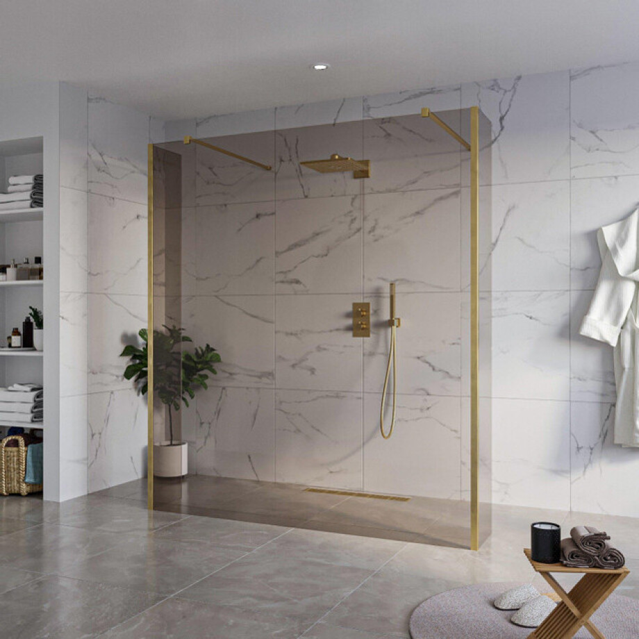 Fortifura Galeria Vrijstaande Inloopdouche - 180x200cm - Rookglas - antikalk - 8mm veiligheidsglas - 2 zijwanden 30cm - wandsteunen en hoekprofielen - Geborsteld Messing PVD (Goud) SW927770 2x/SW797943/SW797930 2x/SW798731 2x Fortifura Galeria Vrijstaande Inloopdouche - 180x200cm - Rookglas - antikalk - 8mm veiligheidsglas - 2 zijwanden 30cm - wandsteunen en hoekprofielen - Geborsteld Messing PVD (Goud) SW927770 2x/SW797943/SW797930 2x/SW798731 2x afbeelding 1