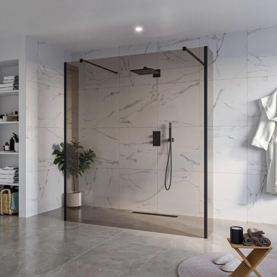 Fortifura Galeria Vrijstaande Inloopdouche - 180x200cm - Rookglas - antikalk - 8mm veiligheidsglas - 2 zijwanden 40cm - wandsteunen en hoekprofielen - Zwart mat SW927767 2x/SW797943/SW797934 2x/SW358025 2x afbeelding 1