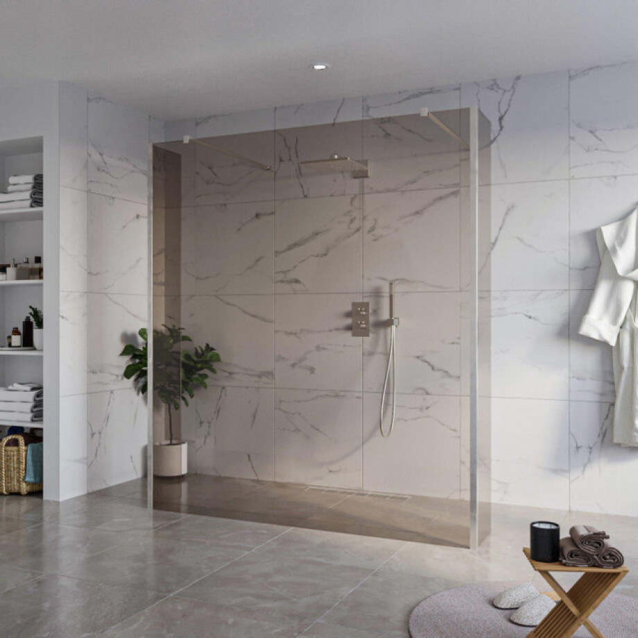 Fortifura Galeria Vrijstaande Inloopdouche - 180x200cm - Rookglas - antikalk - 8mm veiligheidsglas - 2 zijwanden 40cm - wandsteunen en hoekprofielen - Geborsteld RVS PVD (RVS) SW927769 2x/SW797943/SW797934 2x/SW798730 2x afbeelding 1