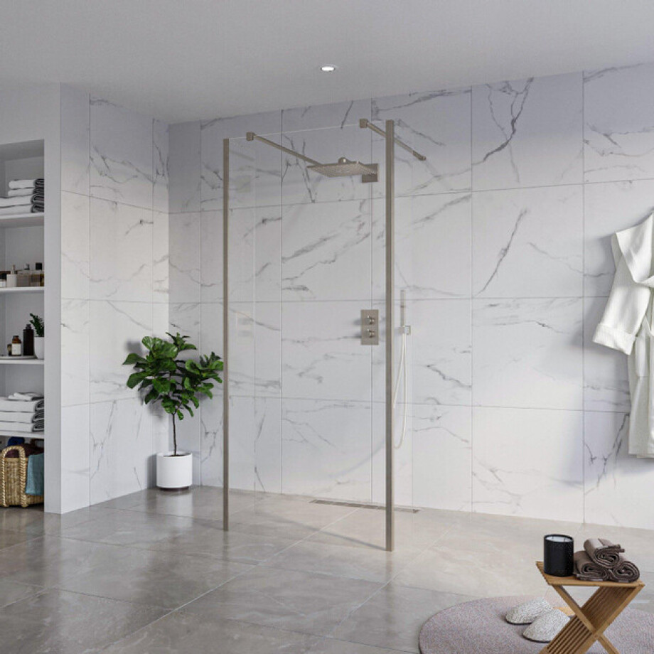 Fortifura Galeria Vrijstaande Inloopdouche - 90x200cm - Helder - antikalk - 8mm veiligheidsglas - 2 zijwanden 30cm - wandsteunen en hoekprofielen - Geborsteld Gunmetal PVD SW927771 2x/SW797926/SW797909 2x/SW798732 2x afbeelding 1