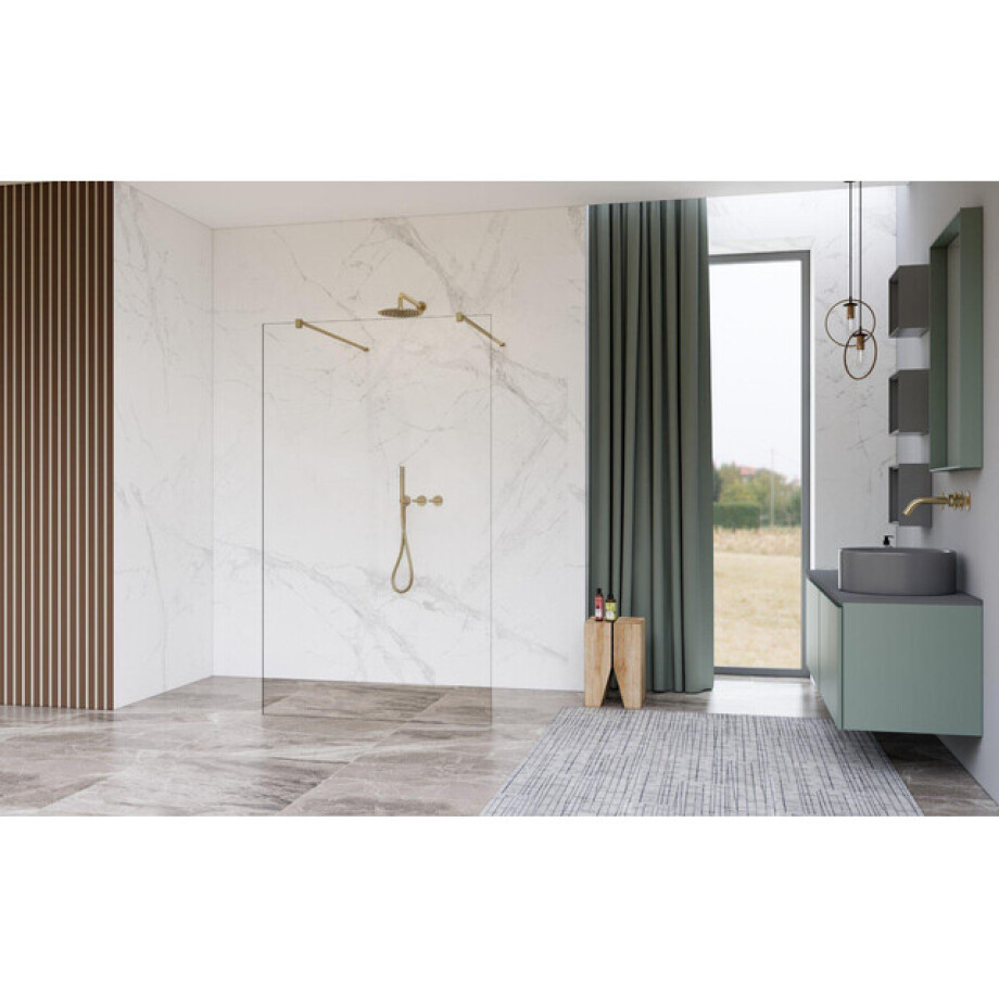 Fortifura Galeria Vrijstaande Inloopdouche - 90x200cm - Helder - antikalk - 8mm veiligheidsglas - wandsteunen - Geborsteld Messing PVD (Goud) SW927770 2x/SW797926 afbeelding 1