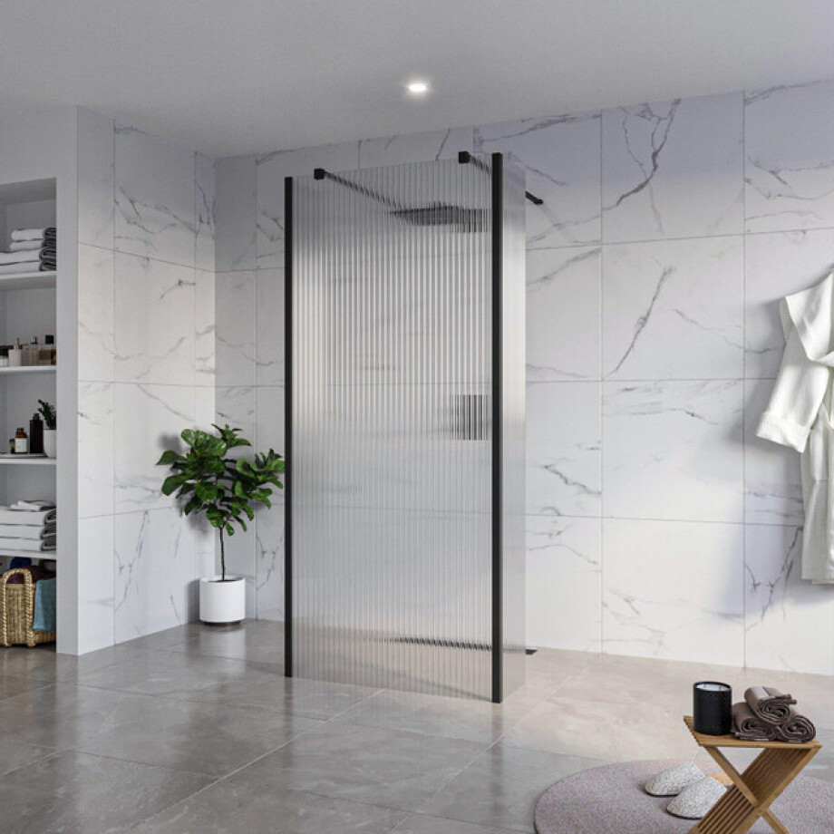 Fortifura Galeria Vrijstaande Inloopdouche - 90x200cm - Helder geribbeld - antikalk - 8mm veiligheidsglas - 2 zijwanden 40cm - wandsteunen en hoekprofielen - Zwart mat SW927767 2x/SW797951/SW797948 2x/SW358025 2x afbeelding 1
