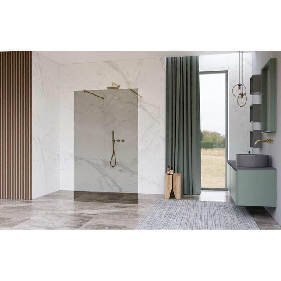 Fortifura Galeria Vrijstaande Inloopdouche - 90x200cm - Rookglas - antikalk - 8mm veiligheidsglas - wandsteunen - Geborsteld Messing PVD (Goud) SW927770 2x/SW797938 Fortifura Galeria Vrijstaande Inloopdouche - 90x200cm - Rookglas - antikalk - 8mm veiligheidsglas - wandsteunen - Geborsteld Messing PVD (Goud) SW927770 2x/SW797938 afbeelding 1