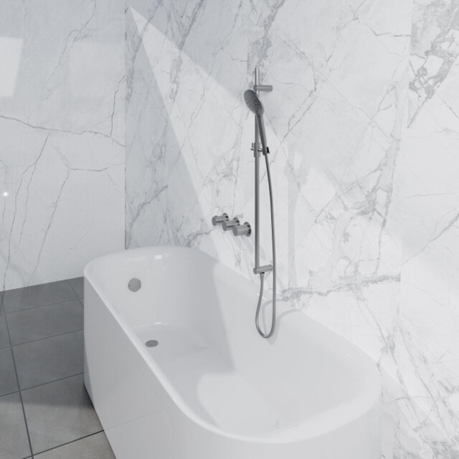 Fortifura Nebbio Badcombinatie-set - thermostaatkraan - glijstang met geïntegreerde wandaansluitbocht - metalen doucheslang - ronde handdouche - badvulcombinatie - geborsteld RVS PVD (RVS) SW1183066 SW1111529 SW706208 SW799447 SW1108811 SW afbeelding 1