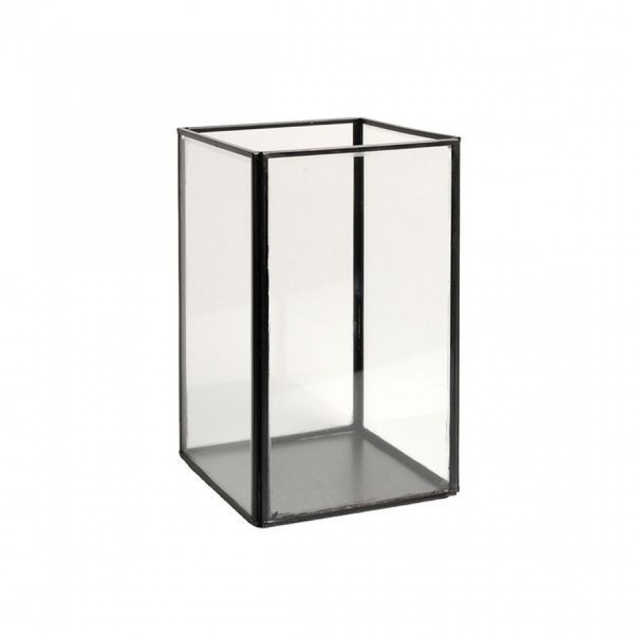 Opbergbakje glas met metalen frame, zwart, hoog, groot afbeelding 