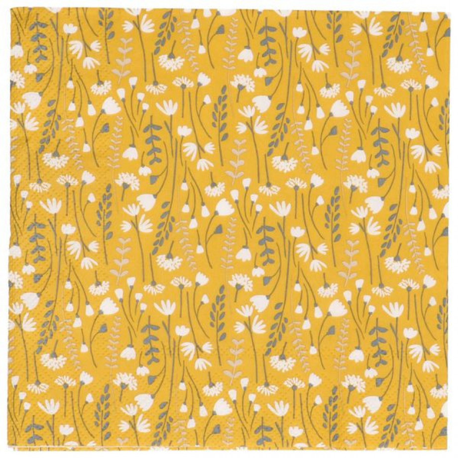 Servetten, papier, geel met veldbloemen, 33 x 33 cm afbeelding 