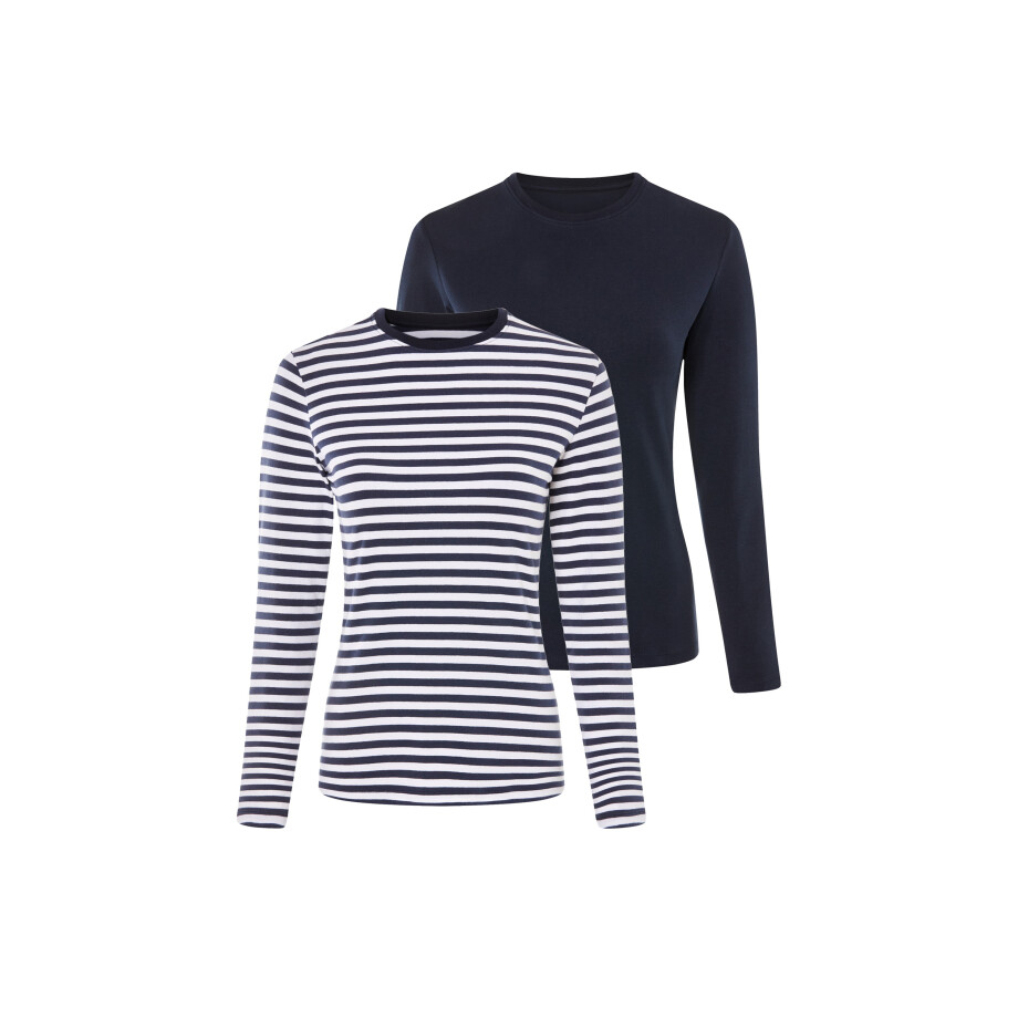 esmara 2 dames shirts (marineblauw/wit gestreept, XS (32/34)) afbeelding 1