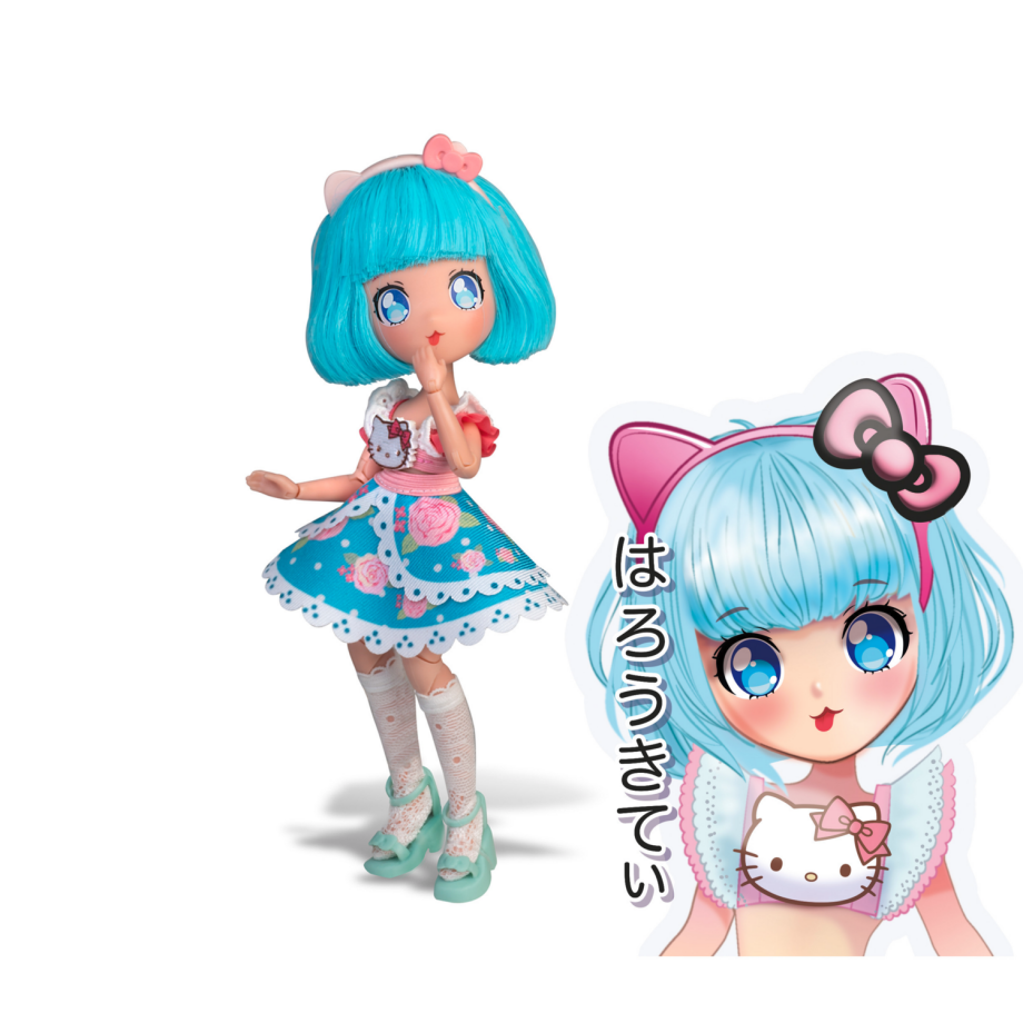 HELLO KITTY Manga pop, 19 cm (Pretty Pink - blauw haar) HELLO KITTY Manga pop, 19 cm (Pretty Pink - blauw haar) afbeelding 1