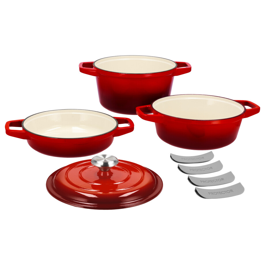SILVERCREST Gietijzeren pannenset, 3 pannen, 1 deksel (Rood) afbeelding 1