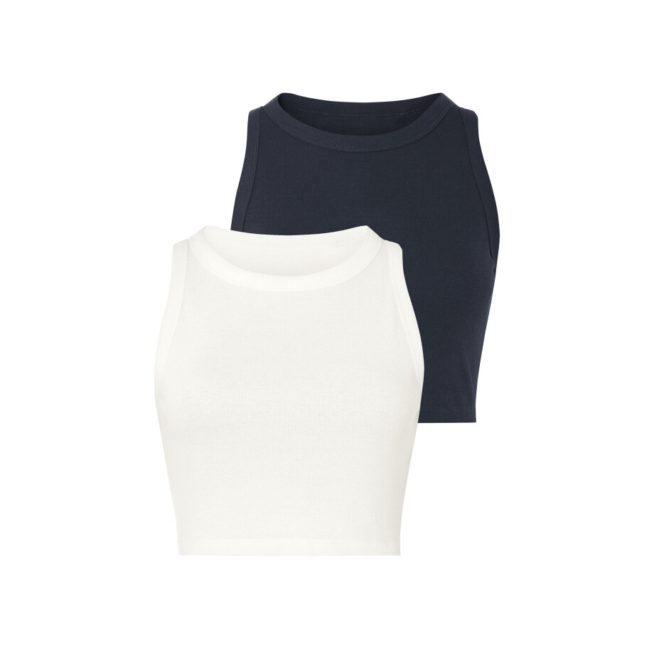 ESMARA Dames crop-tops, 2 stuks, in modieuze ribkwaliteit. (wit/marine, M (40/42)) afbeelding 1