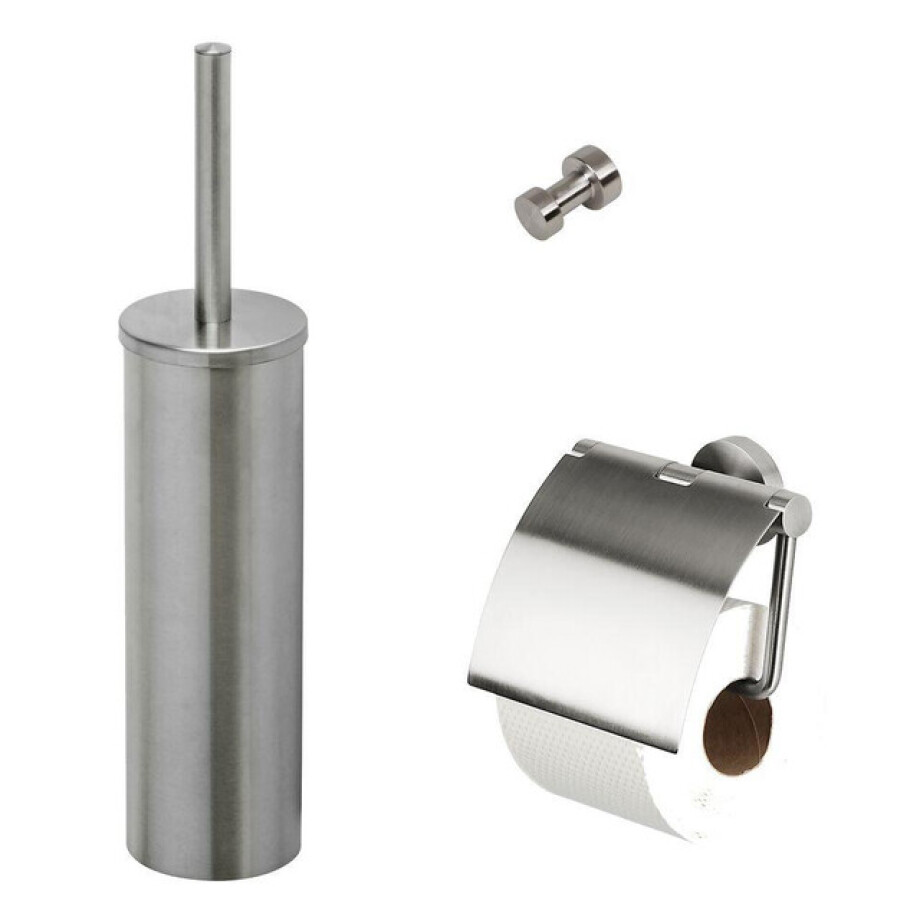 Geesa Nemox Toiletaccessoireset - Toiletborstel met houder - Toiletrolhouder met klep - Handdoekhaak - RVS geborsteld 916500-05-115 afbeelding 1
