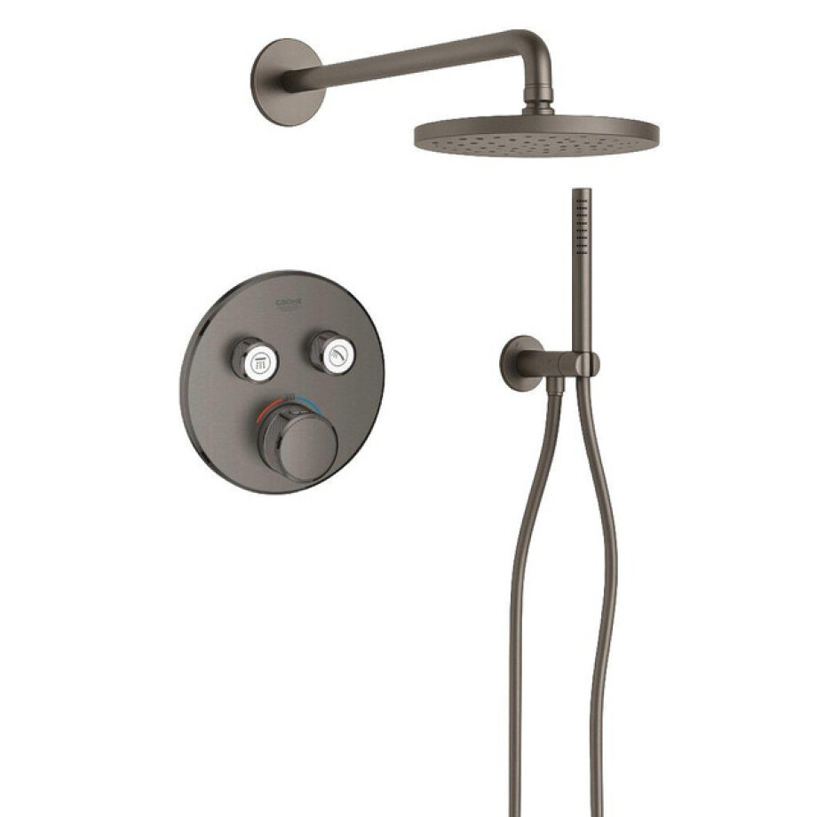 Grohe Adema Rise Regendoucheset - rond - wandaansluitbocht met handdouchehouder - gladde doucheslang - staafhanddouche - wandarm - 25cm hoofddouche - Grohe SmartControl inbouwthermostaat - brushed hard graphite SW225087/SW1244355/SW105953 afbeelding 1