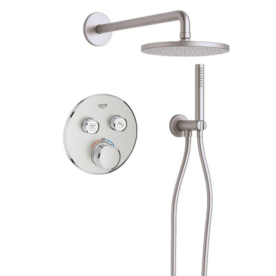 Grohe Adema Rise Regendoucheset - rond - wandaansluitbocht met handdouchehouder - gladde doucheslang - staafhanddouche - wandarm - 25cm hoofddouche - Grohe SmartControl inbouwthermostaat - chroom SW1244351/SW104917/SW105953 Grohe Adema Rise Regendoucheset - rond - wandaansluitbocht met handdouchehouder - gladde doucheslang - staafhanddouche - wandarm - 25cm hoofddouche - Grohe SmartControl inbouwthermostaat - chroom SW1244351/SW104917/SW105953 afbeelding 1