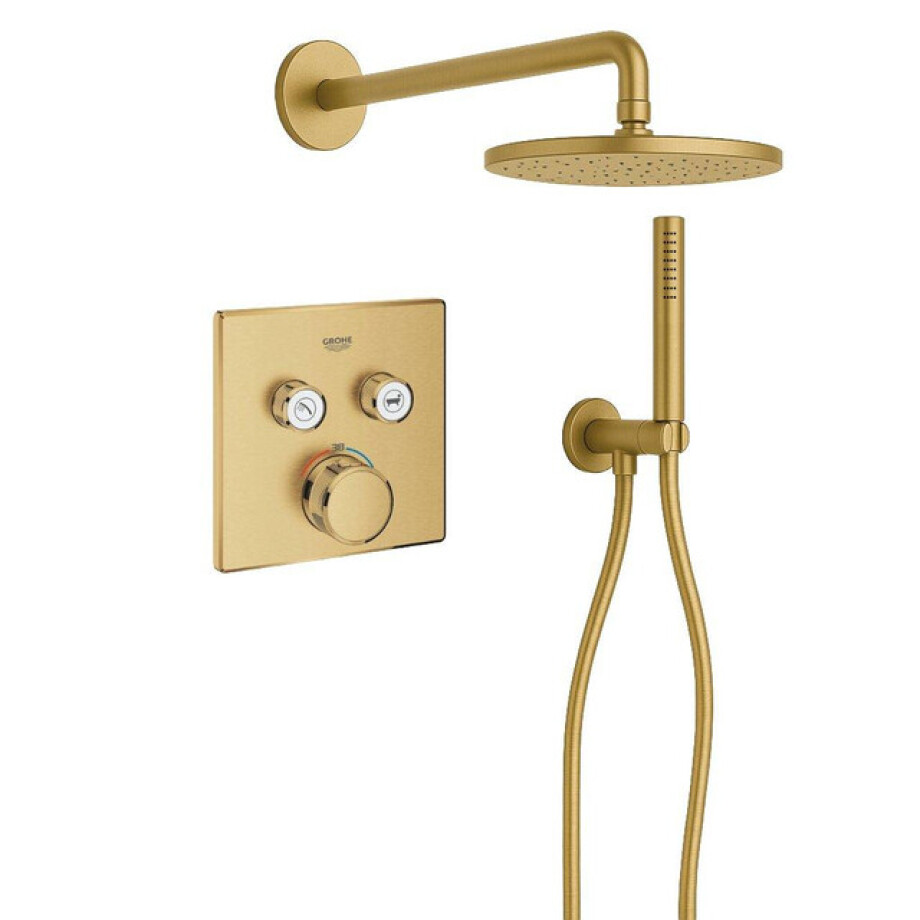 Grohe Adema Rise Regendoucheset - vierkant - wandaansluitbocht met handdouchehouder - gladde doucheslang - staafhanddouche - wandarm - 25cm hoofddouche - Grohe SmartControl inbouwthermostaat - brushed cool sunrise SW482061/SW1244354/SW105953 Grohe Adema Rise Regendoucheset - vierkant - wandaansluitbocht met handdouchehouder - gladde doucheslang - staafhanddouche - wandarm - 25cm hoofddouche - Grohe SmartControl inbouwthermostaat - brushed cool sunrise SW482061/SW1244354/SW105953 afbeelding 1