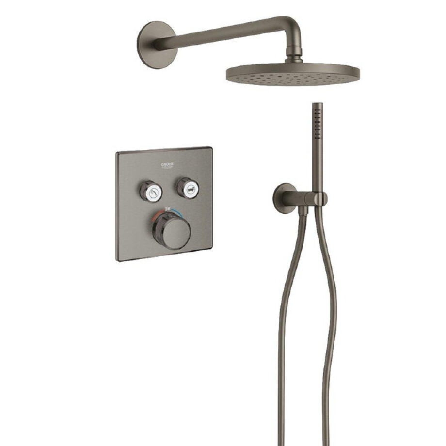 Grohe Adema Rise Regendoucheset - vierkant - wandaansluitbocht met handdouchehouder - gladde doucheslang - staafhanddouche - wandarm - 25cm hoofddouche - Grohe SmartControl inbouwthermostaat - brushed hard graphite SW439127/SW1244355/SW105953 Grohe Adema Rise Regendoucheset - vierkant - wandaansluitbocht met handdouchehouder - gladde doucheslang - staafhanddouche - wandarm - 25cm hoofddouche - Grohe SmartControl inbouwthermostaat - brushed hard graphite SW439127/SW1244355/SW105953 afbeelding 1